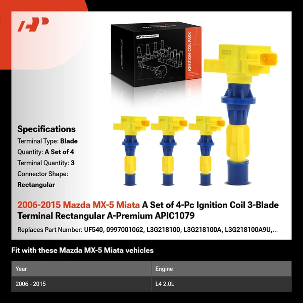 2006-2015 Mazda MX-5 Miata A Set of 4-Pc Ignition Coil 3-Blade Terminal Rectangular A-Premium APIC1079