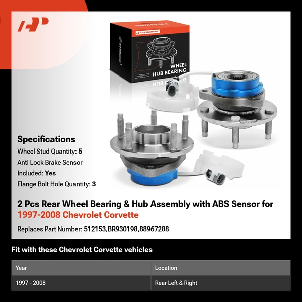 2 Pcs Rear Wheel Bearing & Hub Assembly with ABS Sensor for 1997-2008 Chevrolet Corvette