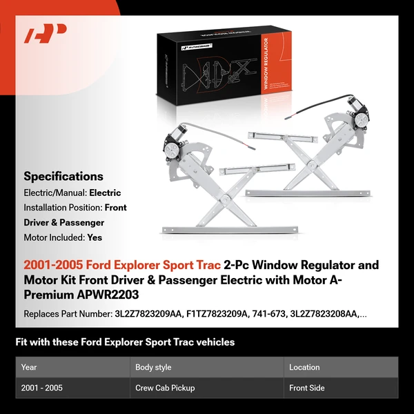 2001-2005 Ford Explorer Sport Trac 2-Pc Window Regulator and Motor Kit Front Driver & Passenger Electric with Motor A-Premium APWR2203