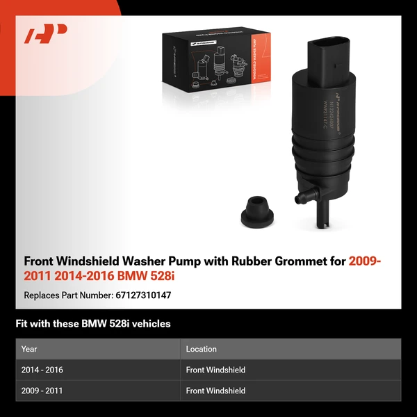Front Windshield Washer Pump with Rubber Grommet for 2009-2011 2014-2016 BMW 528i