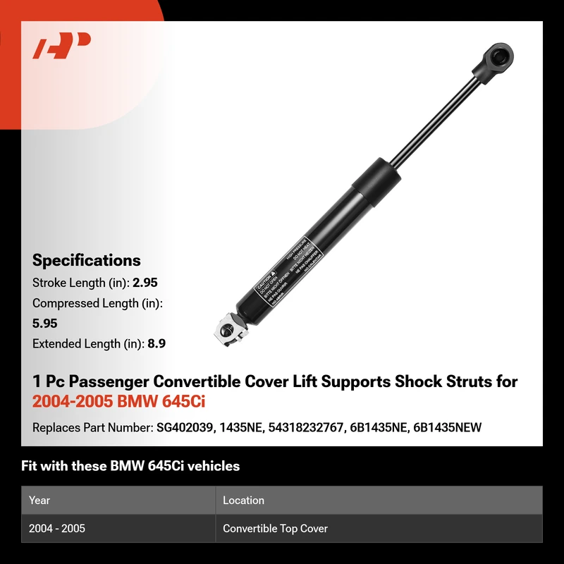 1 Pc Passenger Convertible Cover Lift Supports Shock Struts for 2004-2005 BMW 645Ci
