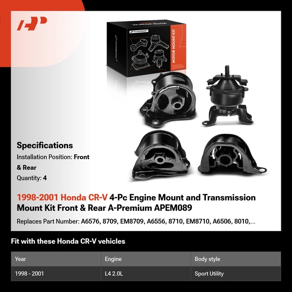 1998-2001 Honda CR-V 4-Pc Engine Mount and Transmission Mount Kit Front & Rear A-Premium APEM089