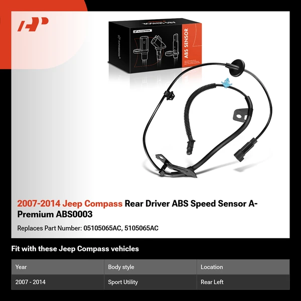 2007-2014 Jeep Compass Rear Driver ABS Speed Sensor A-Premium ABS0003