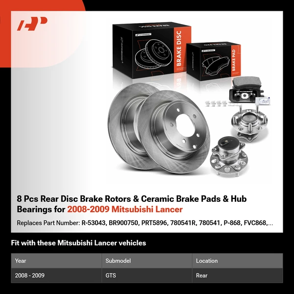 8 Pcs Rear Disc Brake Rotors & Ceramic Brake Pads & Hub Bearings for 2008-2009 Mitsubishi Lancer