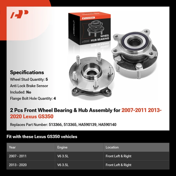 2 Pcs Front Wheel Bearing & Hub Assembly for 2007-2011 2013-2020 Lexus GS350