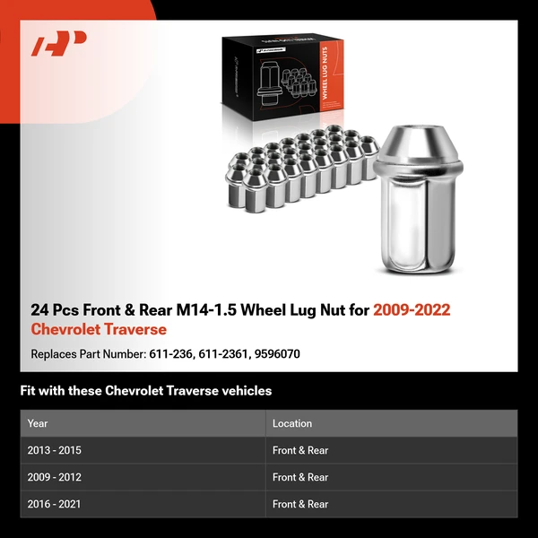 24 Pcs Front & Rear M14-1.5 Wheel Lug Nut for 2009-2022 Chevrolet Traverse
