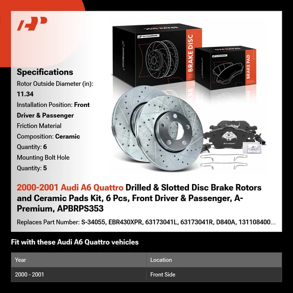 2000-2001 Audi A6 Quattro Drilled & Slotted Disc Brake Rotors and Ceramic Pads Kit, 6 Pcs, Front Driver & Passenger, A-Premium, APBRPS353