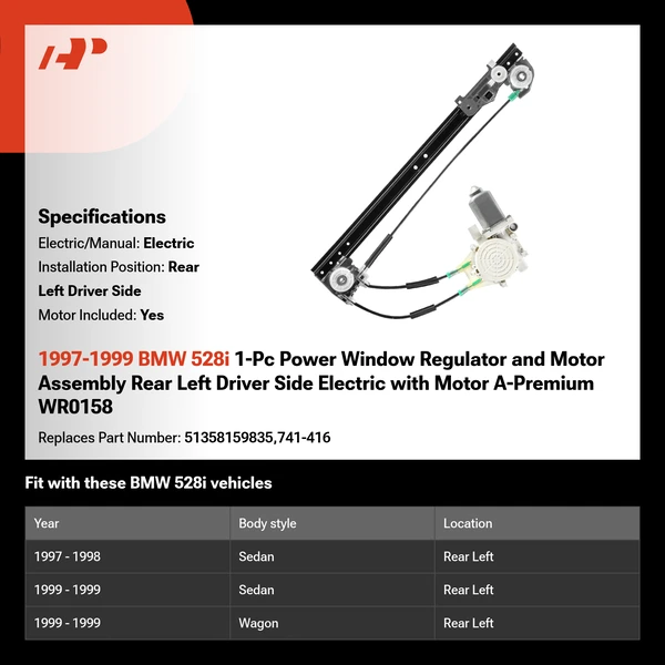1997-1999 BMW 528i 1-Pc Power Window Regulator and Motor Assembly Rear Left Driver Side Electric with Motor A-Premium WR0158
