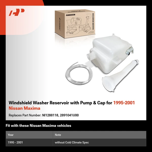 Windshield Washer Reservoir with Pump & Cap for 1995-2001 Nissan Maxima