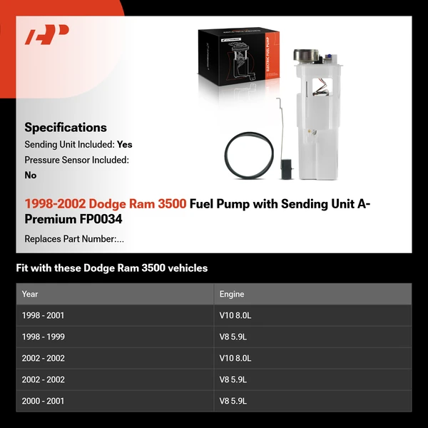 1998-2002 Dodge Ram 3500 Fuel Pump with Sending Unit A-Premium FP0034