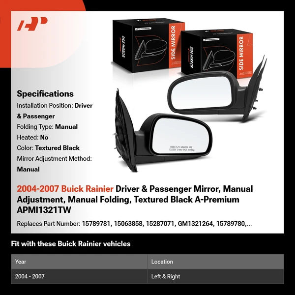 2004-2007 Buick Rainier Driver & Passenger Mirror, Manual Adjustment, Manual Folding, Textured Black A-Premium APMI1321TW
