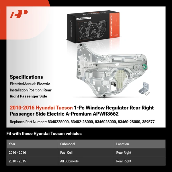 2010-2016 Hyundai Tucson 1-Pc Window Regulator Rear Right Passenger Side Electric A-Premium APWR3662