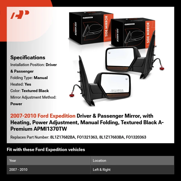 2007-2010 Ford Expedition Driver & Passenger Mirror, with Heating, Power Adjustment, Manual Folding, Textured Black A-Premium APMI1370TW