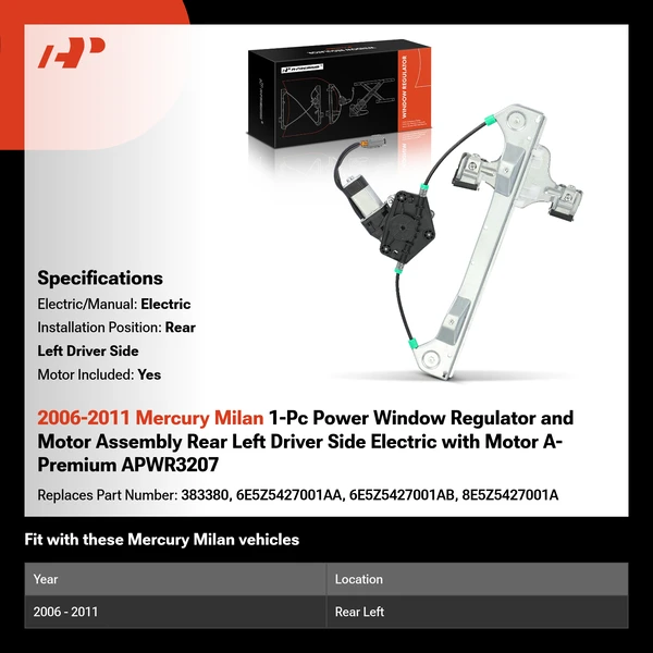 2006-2011 Mercury Milan 1-Pc Power Window Regulator and Motor Assembly Rear Left Driver Side Electric with Motor A-Premium APWR3207