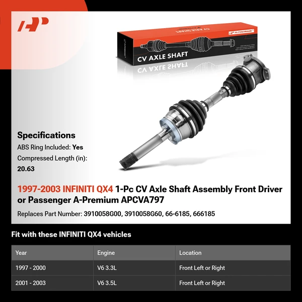 1997-2003 INFINITI QX4 1-Pc CV Axle Shaft Assembly Front Driver or Passenger A-Premium APCVA797