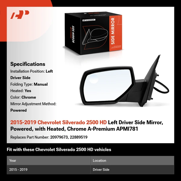 2015-2019 Chevrolet Silverado 2500 HD Left Driver Side Mirror, Powered, with Heated, Chrome A-Premium APMI781