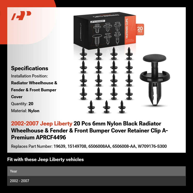 2002-2007 Jeep Liberty 20 Pcs 6mm Nylon Black Radiator Wheelhouse & Fender & Front Bumper Cover Retainer Clip A-Premium APRCF4496