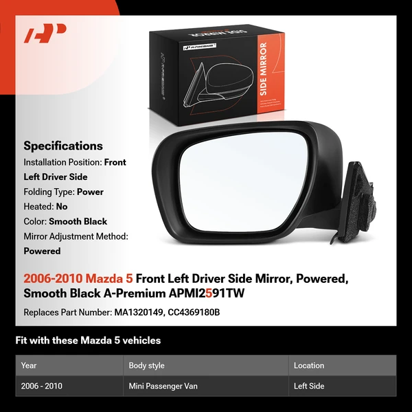 2006-2010 Mazda 5 Front Left Driver Side Mirror, Powered, Smooth Black A-Premium APMI2591TW