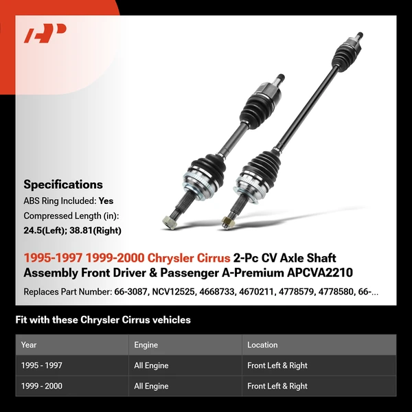1995-1997 1999-2000 Chrysler Cirrus 2-Pc CV Axle Shaft Assembly Front Driver & Passenger A-Premium APCVA2210