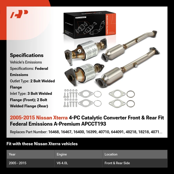 2005-2015 Nissan Xterra 4-PC Catalytic Converter Front & Rear Fit Federal Emissions A-Premium APCCT193