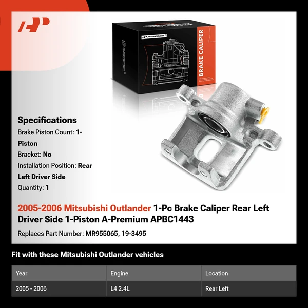 2005-2006 Mitsubishi Outlander 1-Pc Brake Caliper Rear Left Driver Side 1-Piston A-Premium APBC1443