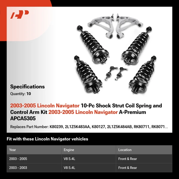 2003-2005 Lincoln Navigator 10-Pc Shock Strut Coil Spring and Control Arm Kit 2003-2005 Lincoln Navigator A-Premium APCA5305