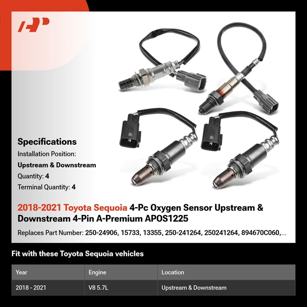 2018-2021 Toyota Sequoia 4-Pc Oxygen Sensor Upstream & Downstream 4-Pin A-Premium APOS1225