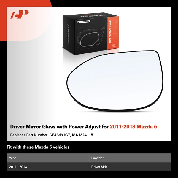 Driver Mirror Glass with Power Adjust for 2011-2013 Mazda 6