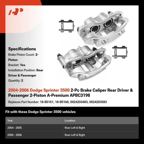 2004-2006 Dodge Sprinter 3500 2-Pc Brake Caliper Rear Driver & Passenger 2-Piston A-Premium APBC3198