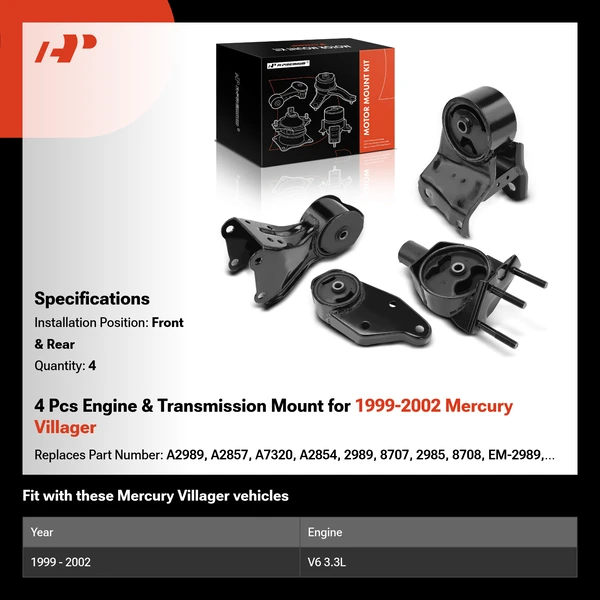 4 Pcs Engine & Transmission Mount for 1999-2002 Mercury Villager