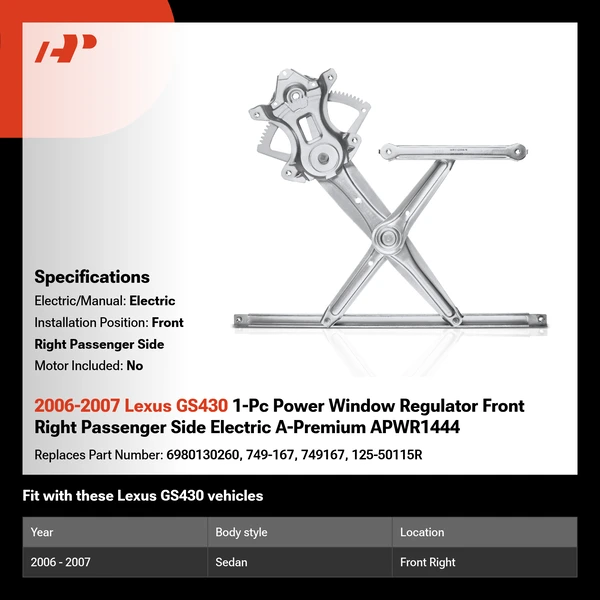 2006-2007 Lexus GS430 1-Pc Power Window Regulator Front Right Passenger Side Electric A-Premium APWR1444