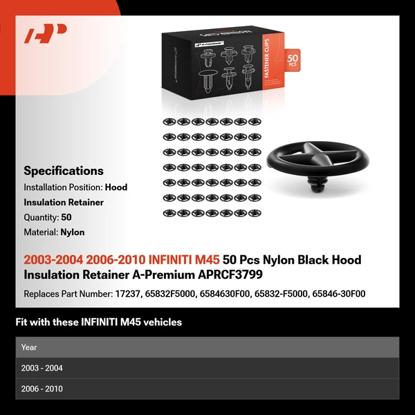 2003-2004 2006-2010 INFINITI M45 50 Pcs Nylon Black Hood Insulation Retainer A-Premium APRCF3799