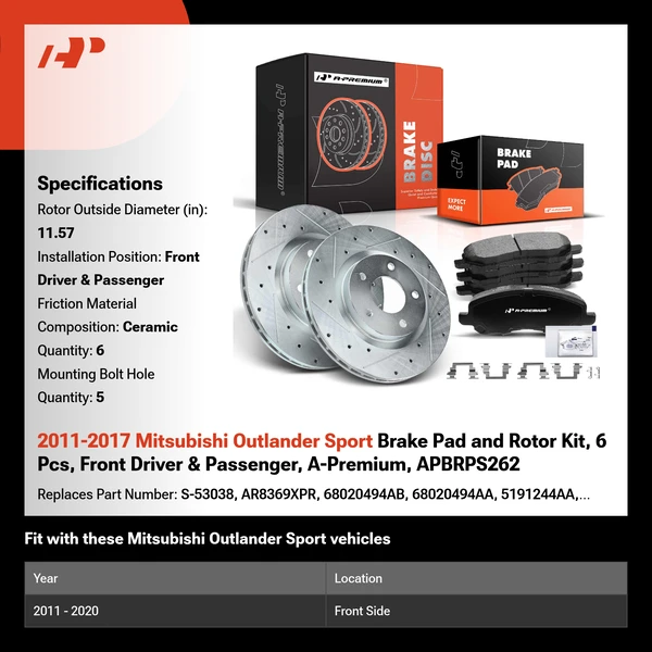 2011-2017 Mitsubishi Outlander Sport Brake Pad and Rotor Kit, 6 Pcs, Front Driver & Passenger, A-Premium, APBRPS262