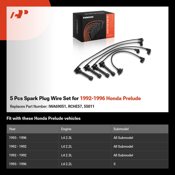 5 Pcs Spark Plug Wire Set for 1992-1996 Honda Prelude
