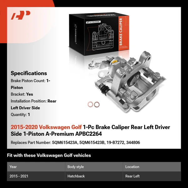 2015-2020 Volkswagen Golf 1-Pc Brake Caliper Rear Left Driver Side 1-Piston A-Premium APBC2264