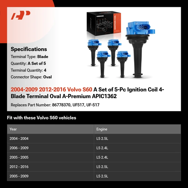 2004-2009 2012-2016 Volvo S60 A Set of 5-Pc Ignition Coil 4-Blade Terminal Oval A-Premium APIC1362