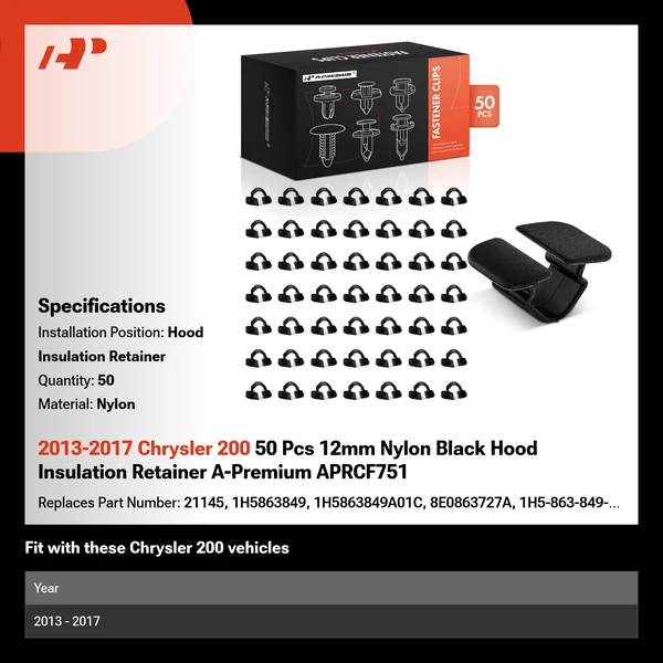 2013-2017 Chrysler 200 50 Pcs 12mm Nylon Black Hood Insulation Retainer A-Premium APRCF751