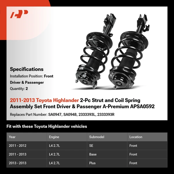 2011-2013 Toyota Highlander 2-Pc Strut and Coil Spring Assembly Set Front Driver & Passenger A-Premium APSA0592