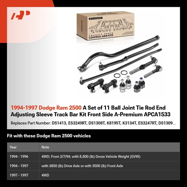 1994-1997 Dodge Ram 2500 A Set of 11 Ball Joint Tie Rod End Adjusting Sleeve Track Bar Kit Front Side A-Premium APCA1533