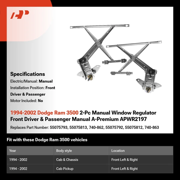 1994-2002 Dodge Ram 3500 2-Pc Manual Window Regulator Front Driver & Passenger Manual A-Premium APWR2197