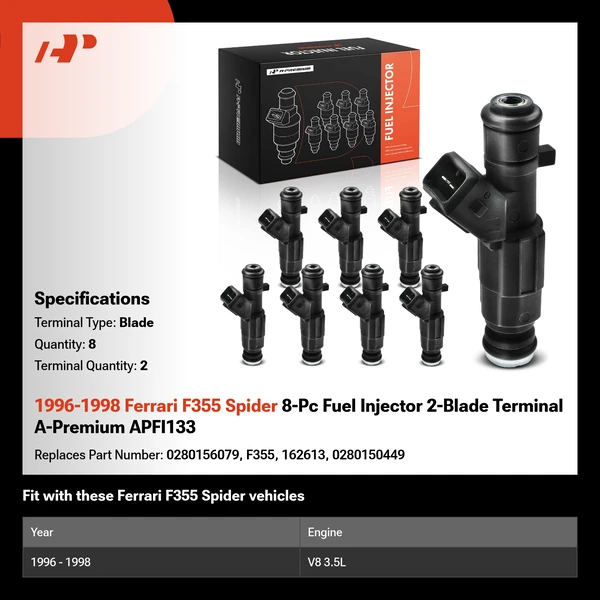 1996-1998 Ferrari F355 Spider 8-Pc Fuel Injector 2-Blade Terminal A-Premium APFI133