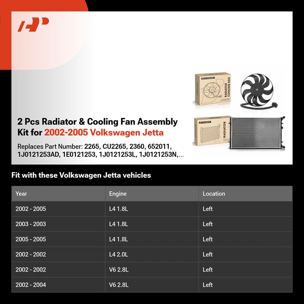 2 Pcs Radiator & Cooling Fan Assembly Kit for 2002-2005 Volkswagen Jetta