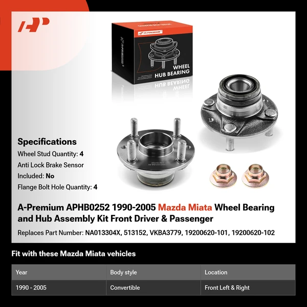 A-Premium APHB0252 1990-2005 Mazda Miata Wheel Bearing and Hub Assembly Kit Front Driver & Passenger