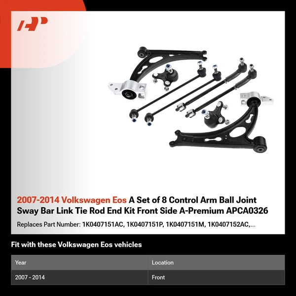2007-2014 Volkswagen Eos A Set of 8 Control Arm Ball Joint Sway Bar Link Tie Rod End Kit Front Side A-Premium APCA0326