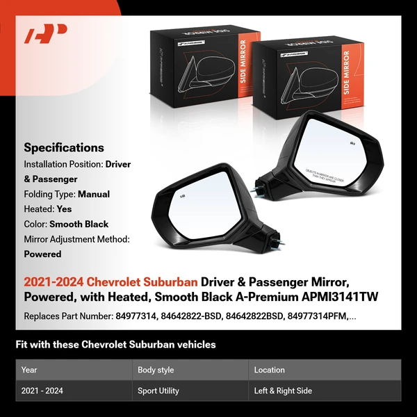 2021-2024 Chevrolet Suburban Driver & Passenger Mirror, Powered, with Heated, Smooth Black A-Premium APMI3141TW