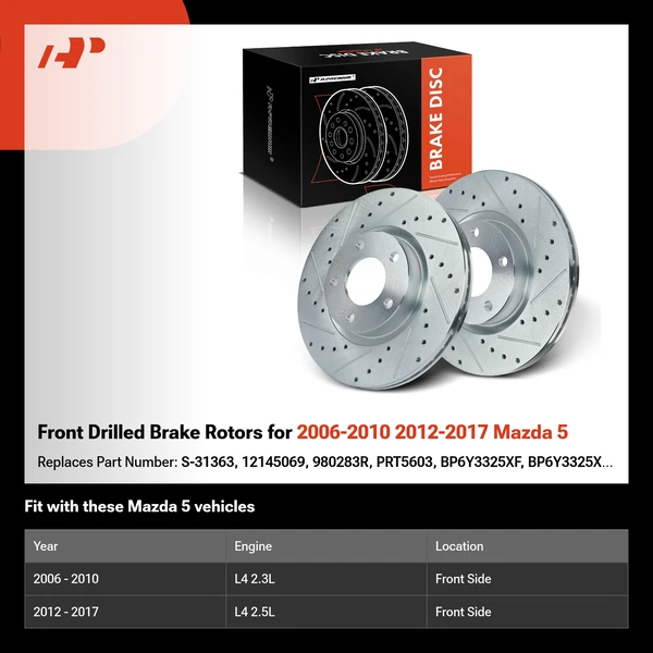 Front Drilled Brake Rotors for 2006-2010 2012-2017 Mazda 5