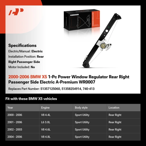 2000-2006 BMW X5 1-Pc Power Window Regulator Rear Right Passenger Side Electric A-Premium WR0007