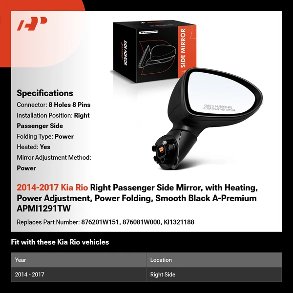 2014-2017 Kia Rio Right Passenger Side Mirror, with Heating, Power Adjustment, Power Folding, Smooth Black A-Premium APMI1291TW