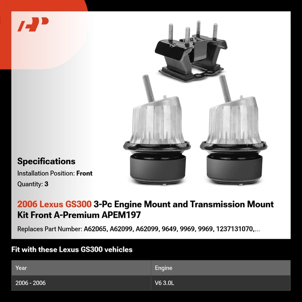 2006 Lexus GS300 3-Pc Engine Mount and Transmission Mount Kit Front A-Premium APEM197