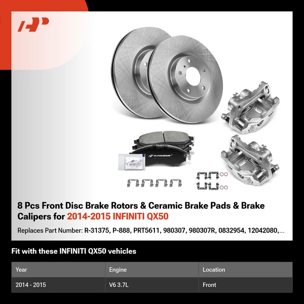 8 Pcs Front Disc Brake Rotors & Ceramic Brake Pads & Brake Calipers for 2014-2015 INFINITI QX50